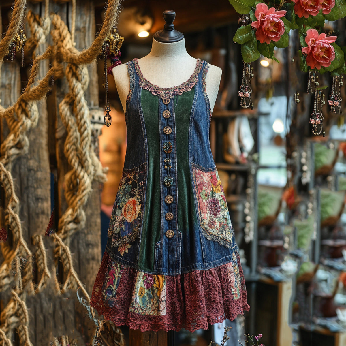 Vintage Denim Patchwork Lace Art Sleeveless Dress