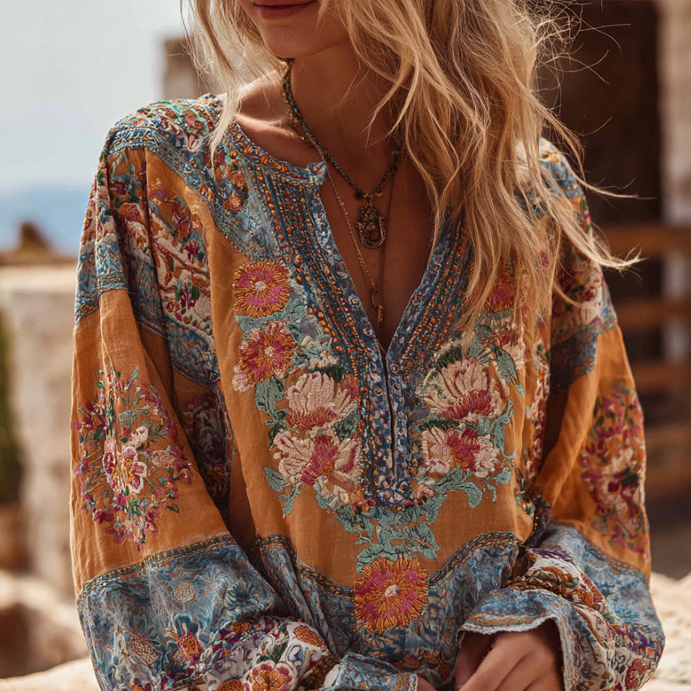 Bohemian Style Embroidered Flower Long-sleeved V-neck Bright Yellow Distressed Long-sleeved Top