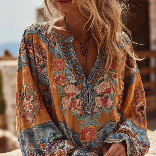 Bohemian Style Embroidered Flower Long-sleeved V-neck Bright Yellow Distressed Long-sleeved Top