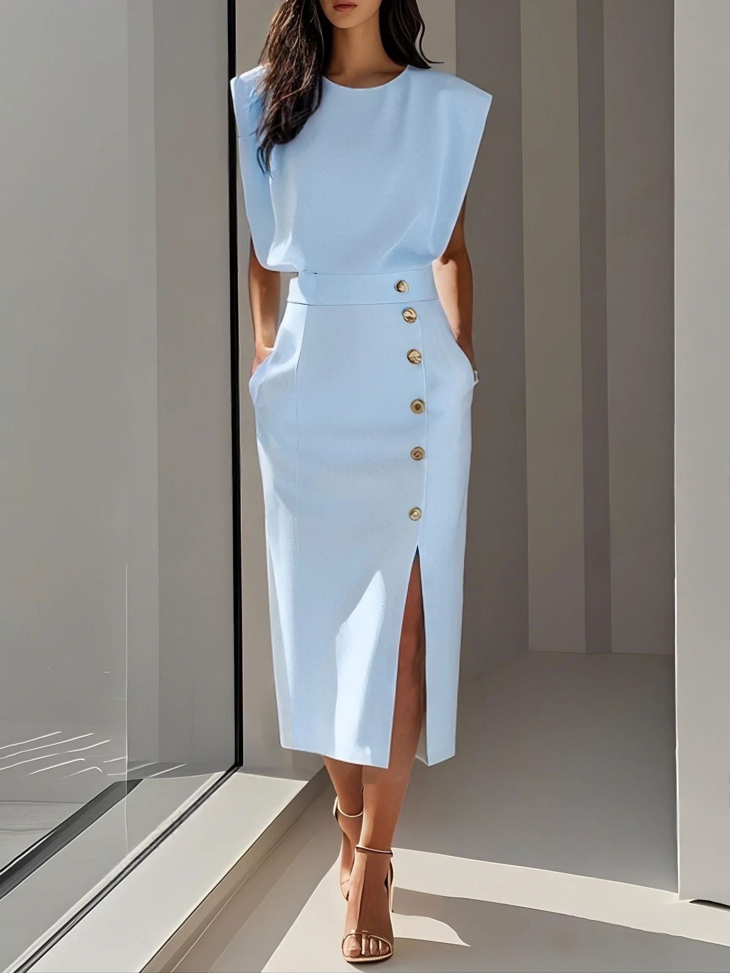 Women's Elegant High-Waist Sleeveless Maxi Dress - Professional Side Button Slit Work Dress - Quiet Luxury Chic Mid-Calf Dress