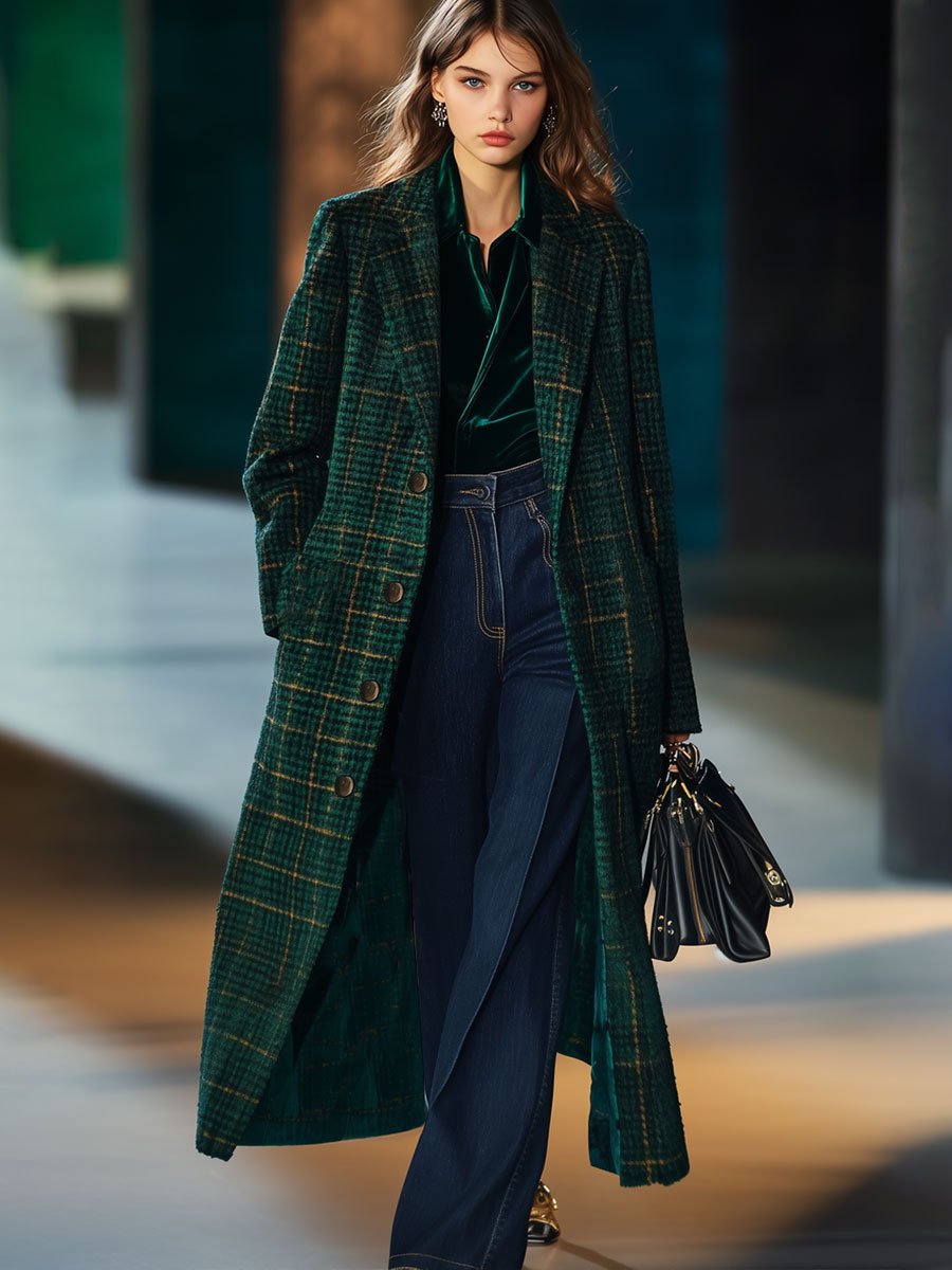 [24-hour shipping out]Casual Loose Retro Pocket Woolen Plaid Mid-Length Coat