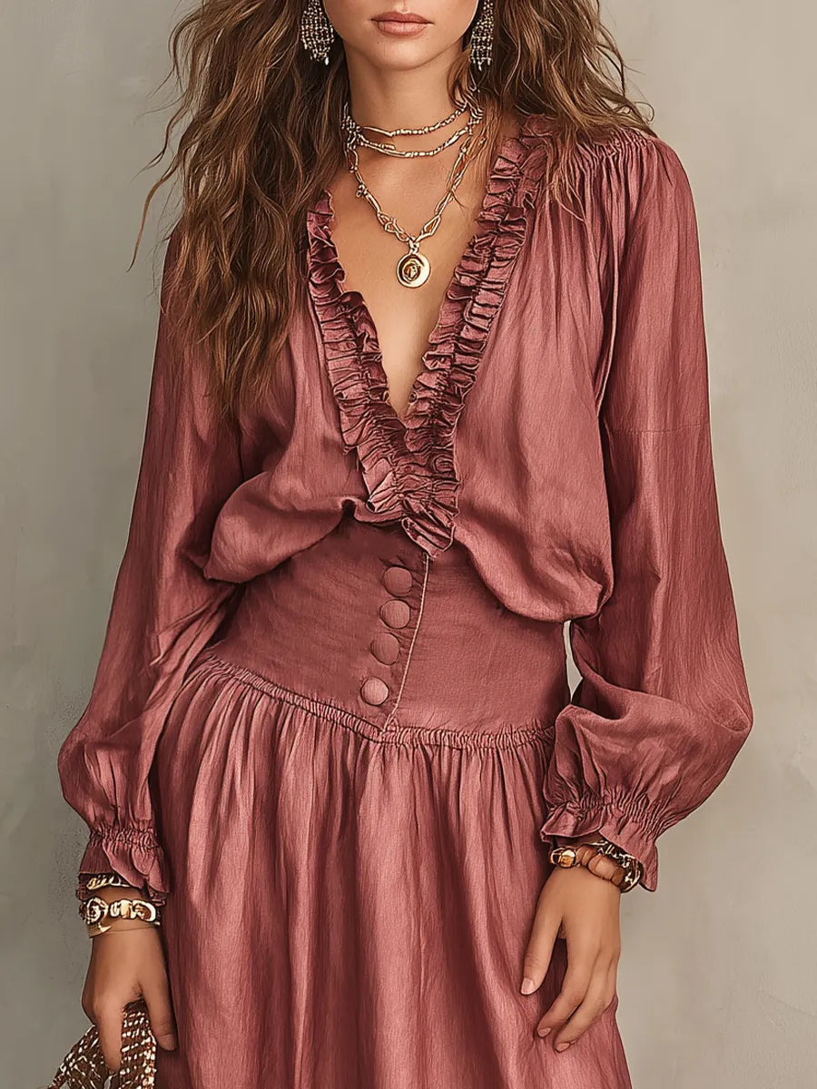 Romantic Rose Ruffle Trim Maxi Dress