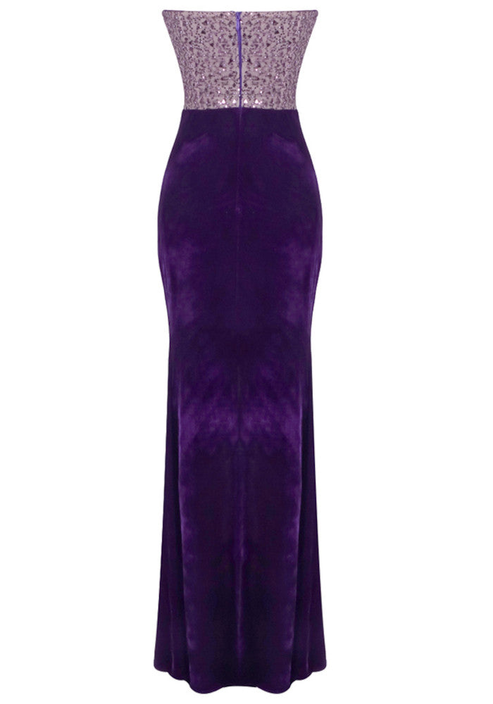 Strapless Crystal Maxi Velvet Dress Purple