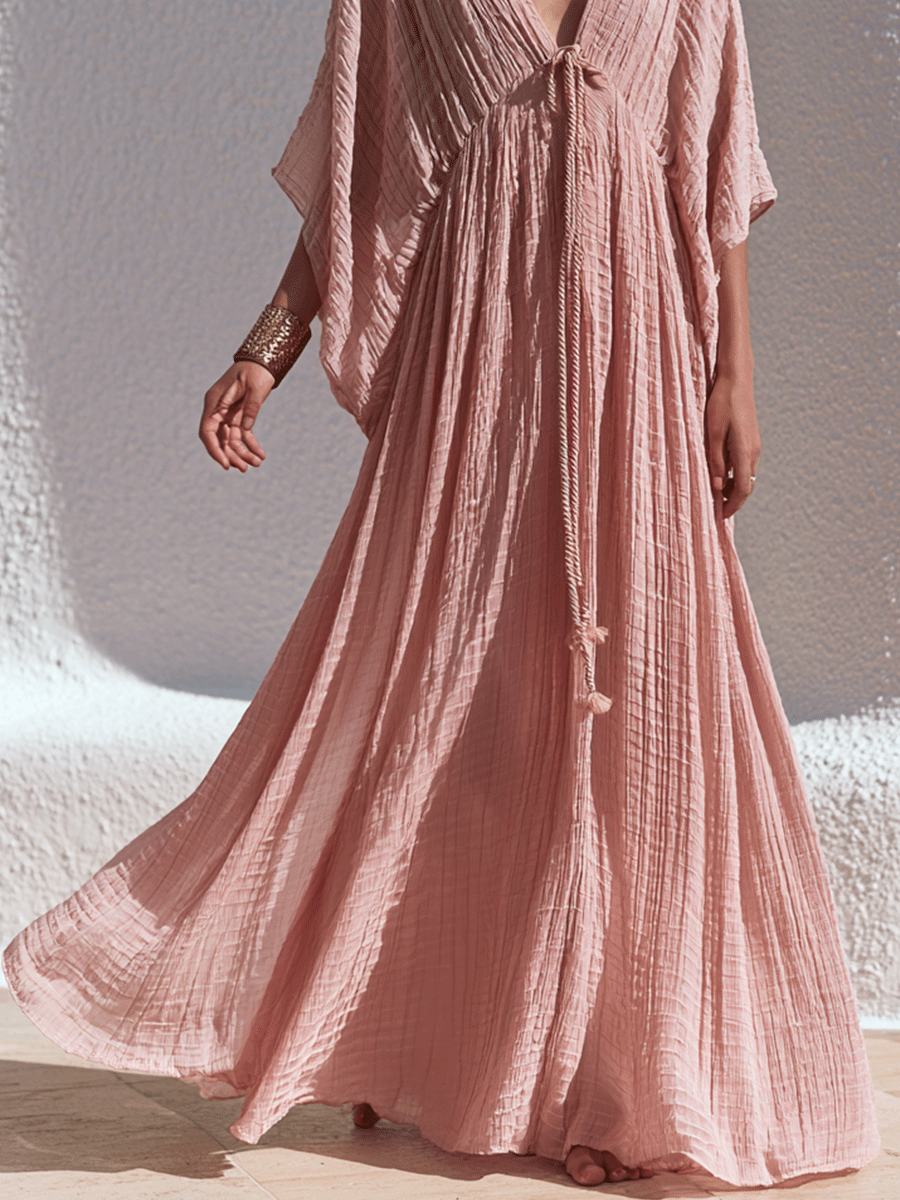 Effortless Boho Crinkle-Cotton Deep-V Batwing Blush Pink Kaftan Maxi Dress