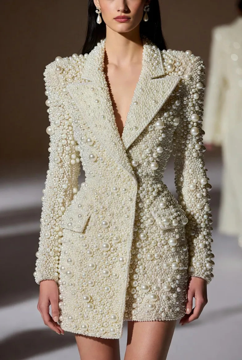 Luxury Ivory White Pearl Embellished Blazer Dress | Heavy Beaded Mini Dress