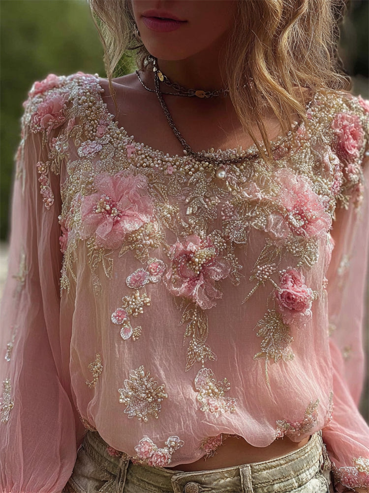 Vintage Boho Pink Flowers Lace Flowy Linen Tunic
