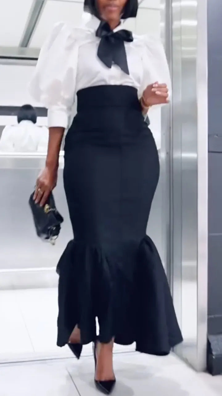 Black & White Bow Blouse + Mermaid Skirt Set
