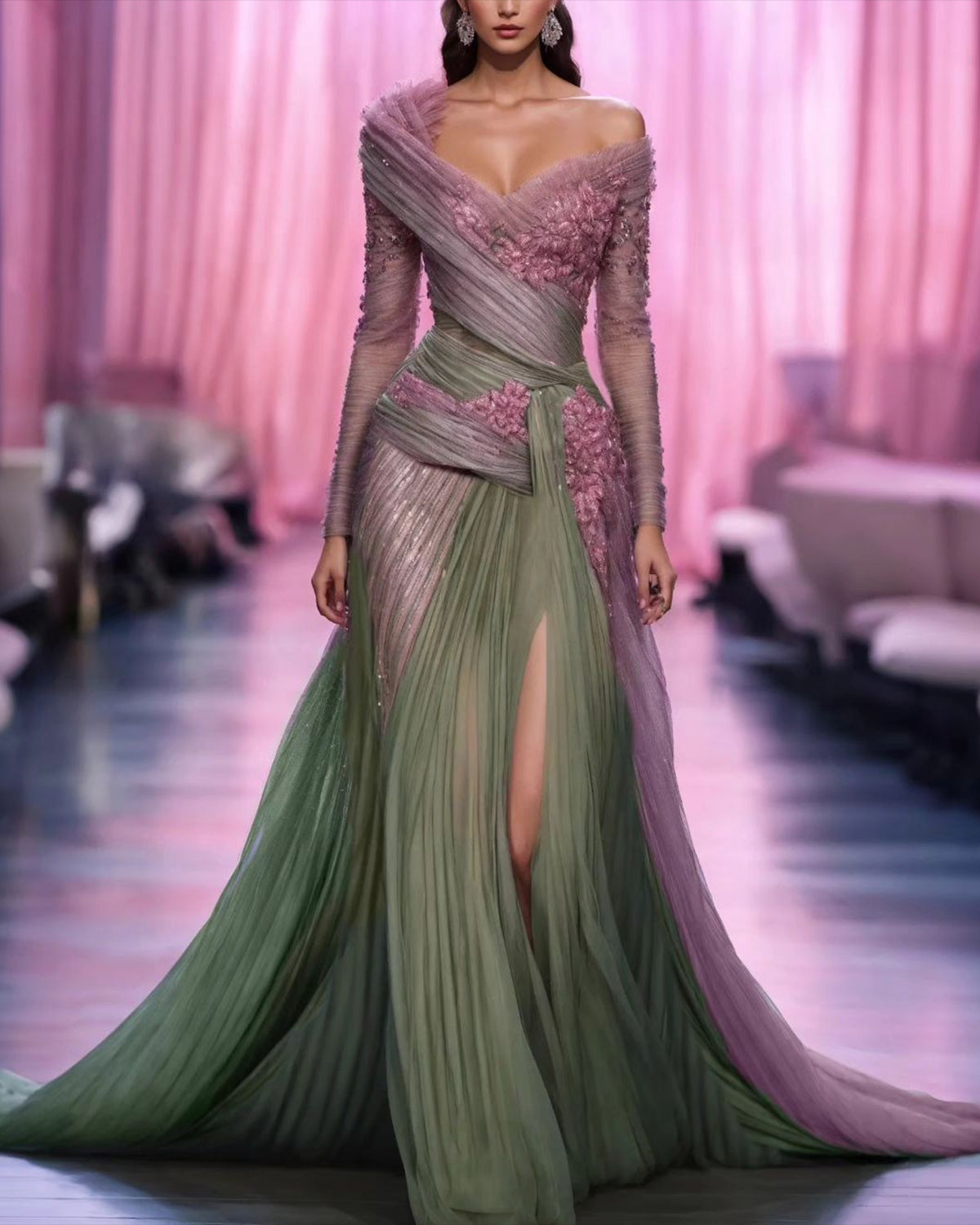 Women's Mesh Long Sleeve Slit Dress