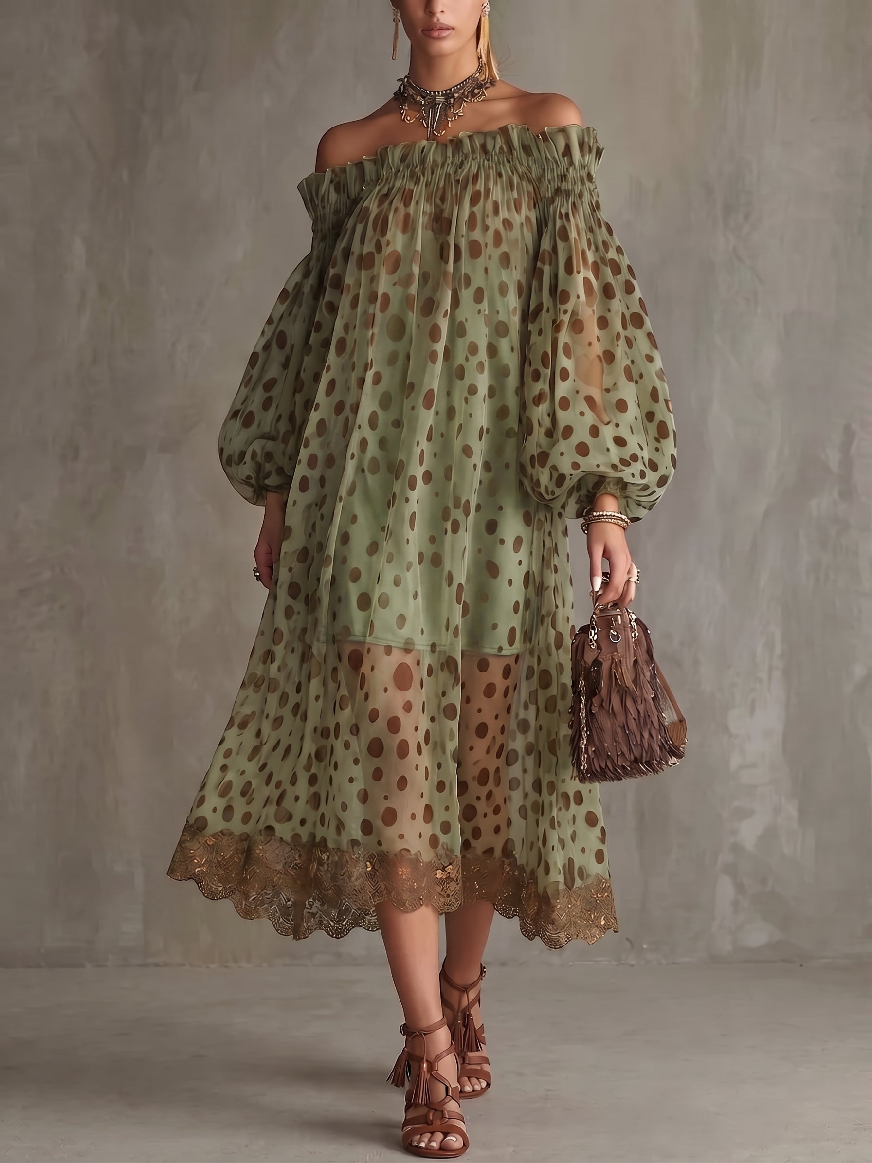 Retro Boho Off-shoulder Polka Dot Print Dress