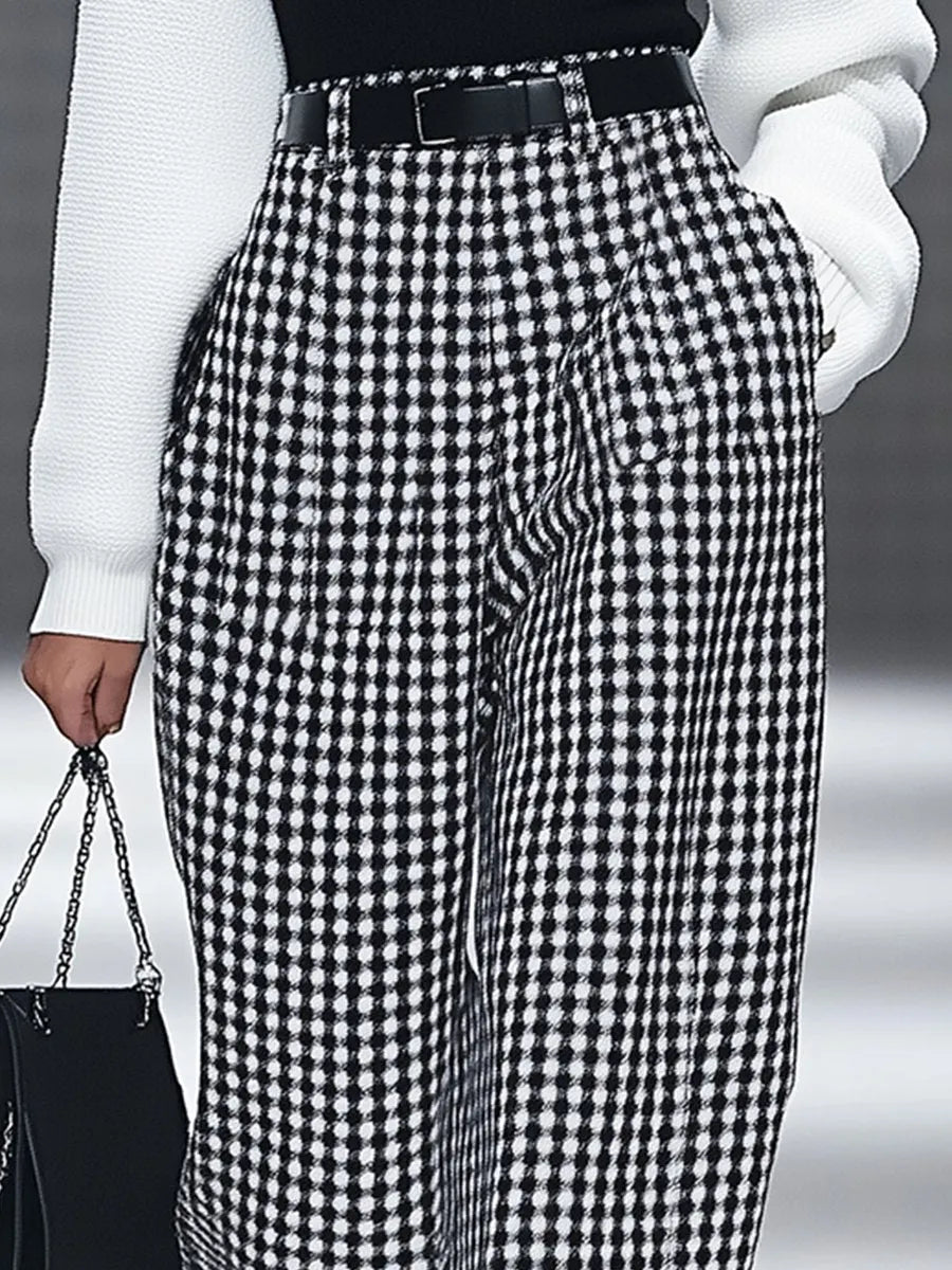 [24-hour shipping out]Fashion Retro Houndstooth Pocket Straight Pants