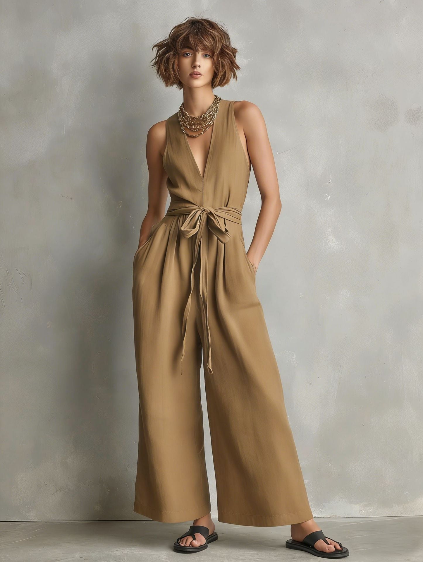 Gurtons Elegant Waist-Knot Jumpsuit - Sleeveless Wide-Leg One-Piece Quiet Luxury Set
