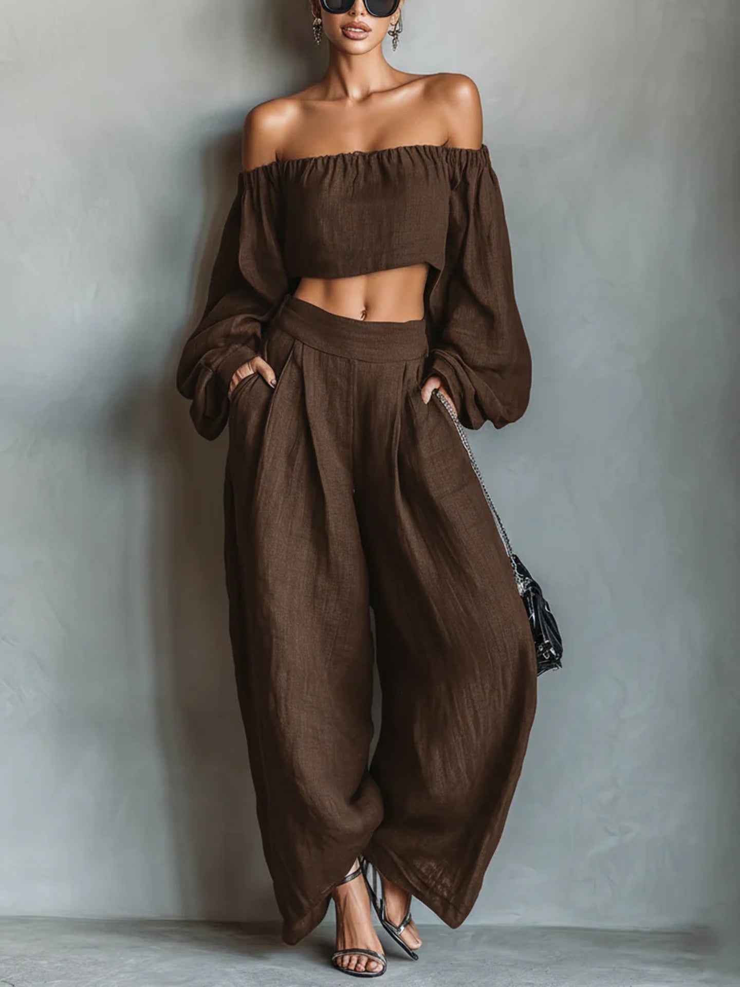 Gurtons Elegant Off-Shoulder Puff Sleeve Two-Piece Set - Flowy Wide Leg Pants Resort Wear