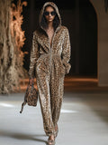 [24-hour shipping out]Casual Loose Vintage Velvet Leopard Print Zipper Hooded Jumpsuit