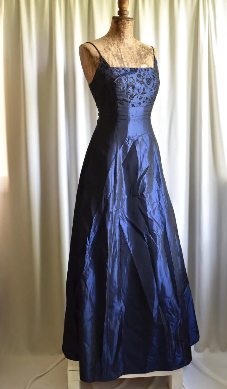 Royal Blue Metallic Y2K Vintage Empire Waist Floral Gothic Fantasy Fairycore Special Occasion Maxi Dress
