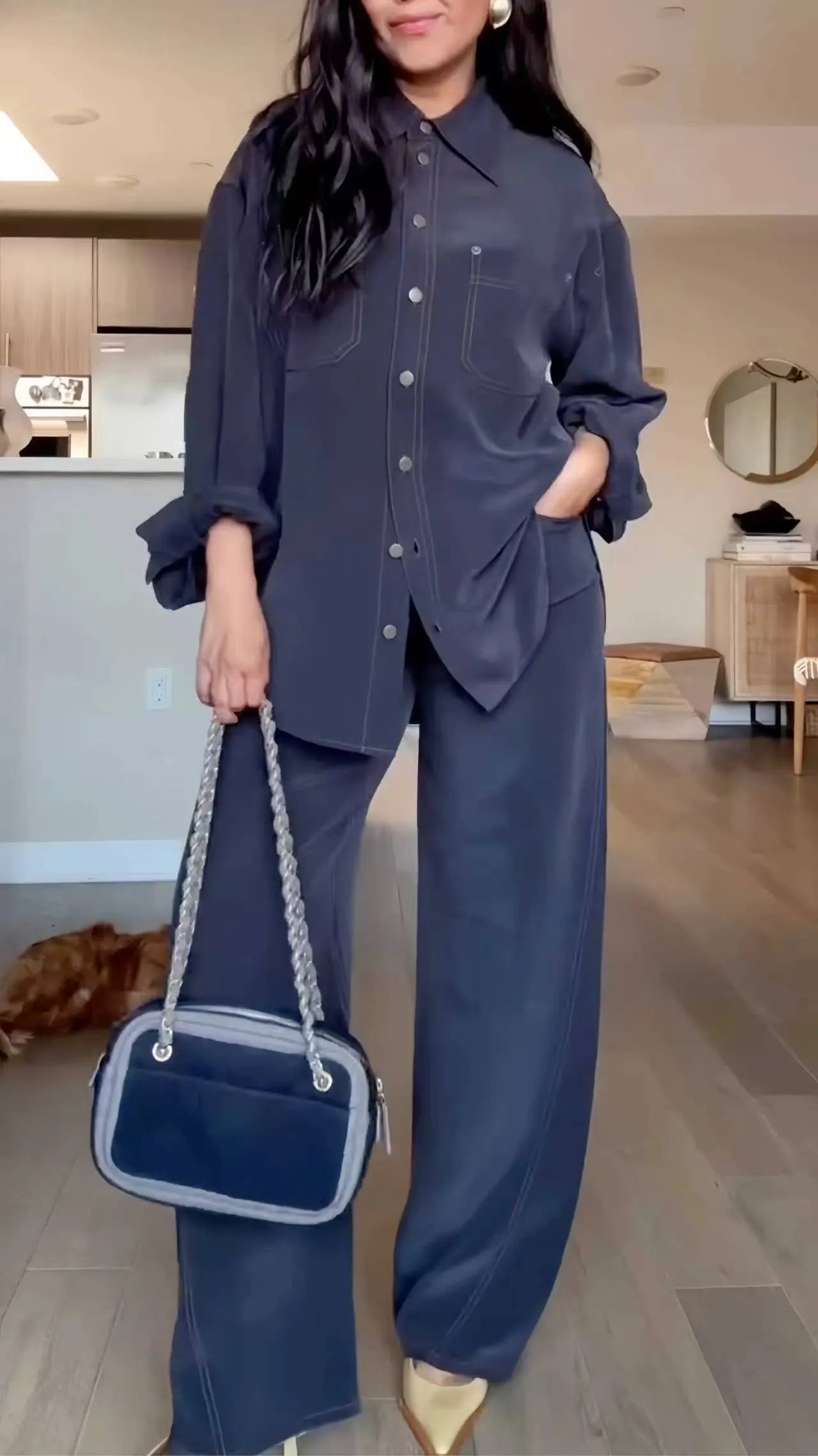 Navy Oversized Shirt & Wide‑Leg Pants Co‑Ord Set