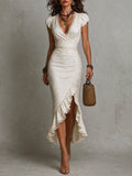 Elegant Lace-Trimmed High-Slit Slim-Fit Midi Dress