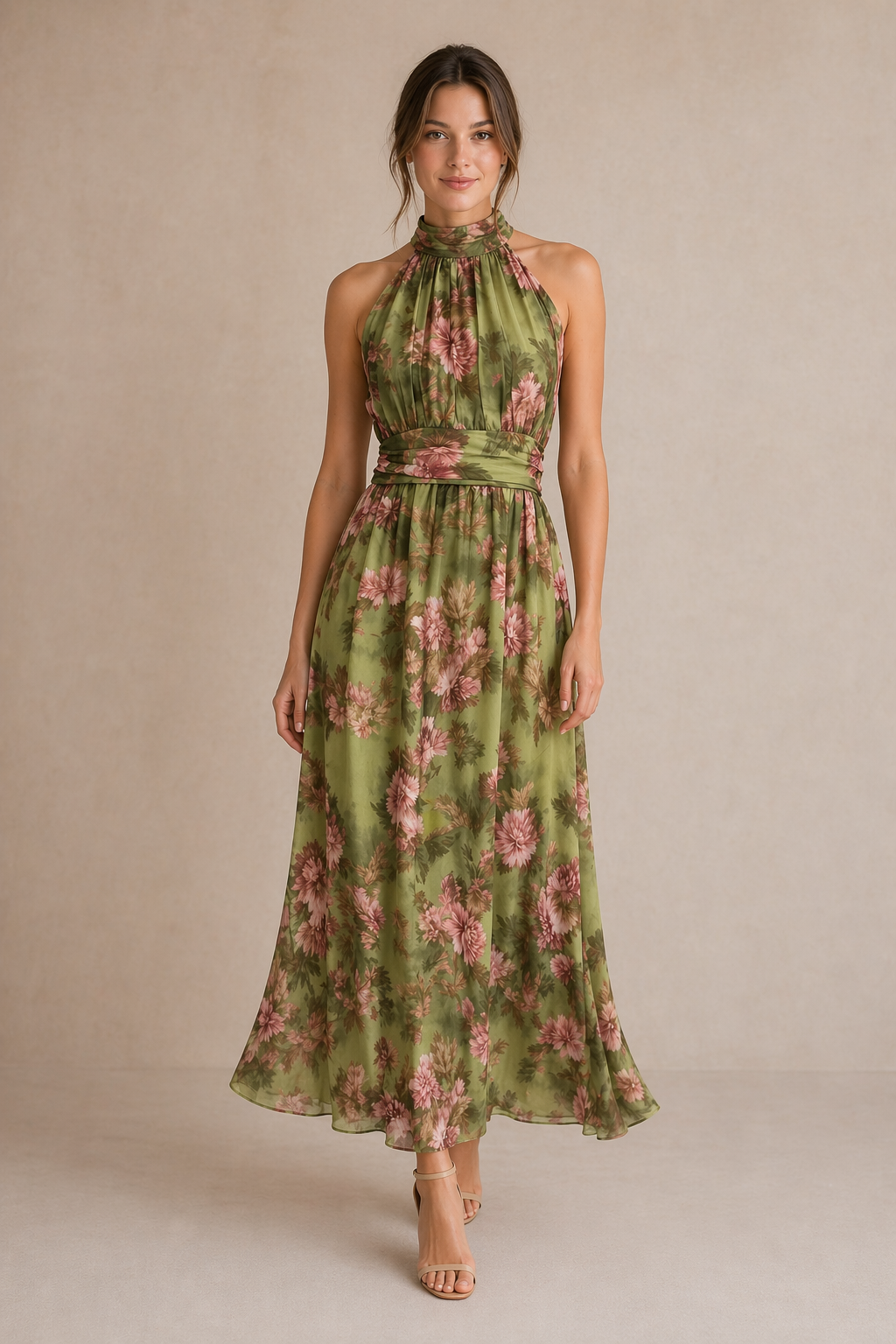 Olive Floral Halter Neck Maxi Dress