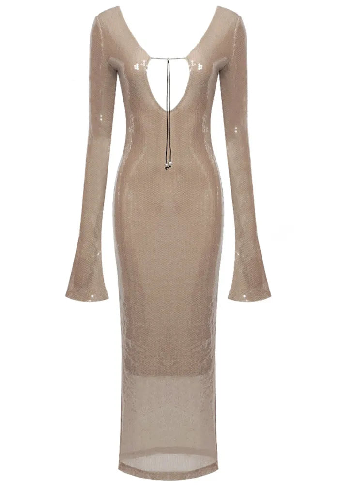 Long Sleeve Sequin Backless Midi Dress Nude