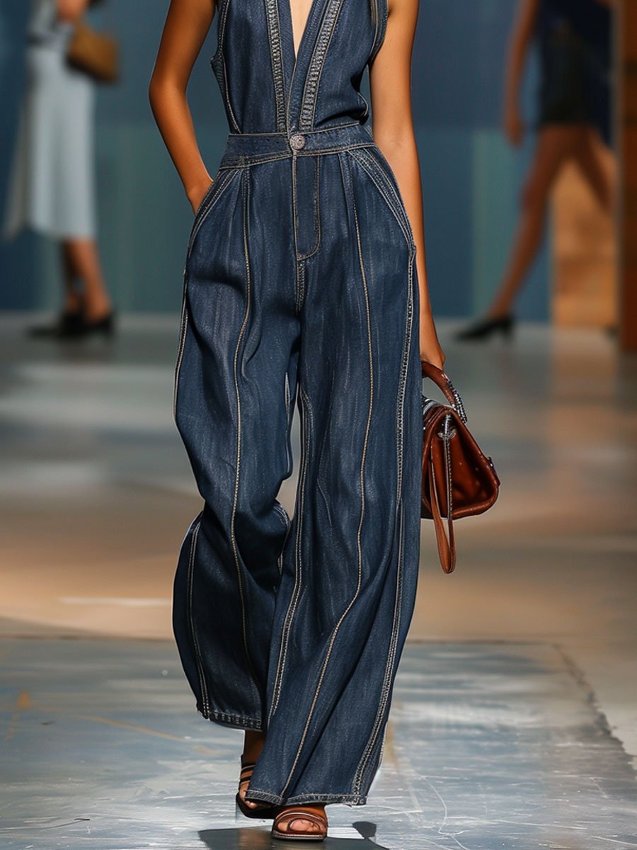 [24-hour shipping out]V-Neck Casual Retro Sleeveless Wide-Leg Denim Jumpsuit