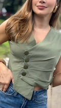 Women's High V-Neck Pleated Button Vest