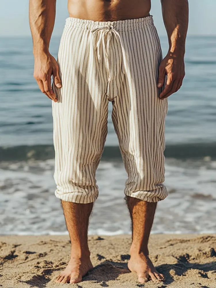 Men's Casual Striped Cotton And Linen Pocket Casual Pants