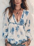 Bohemian Blue Floral Print Lace Trim Blouse