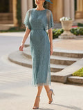 Round Neck Short Sleeve Solid Color Midi Dress