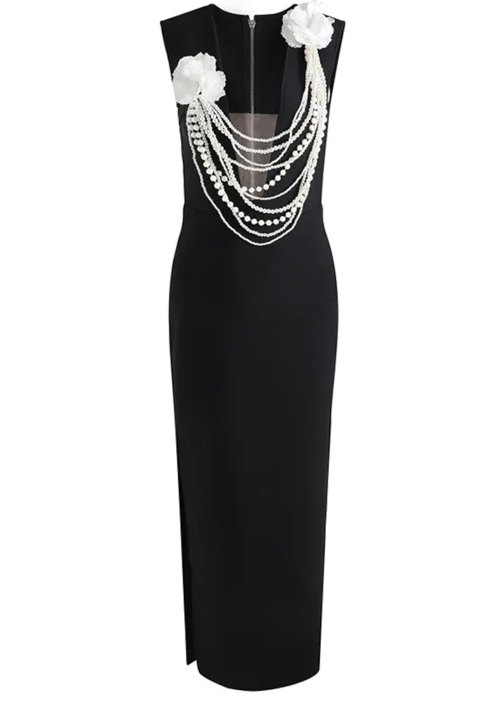 Floral Pearl Detail Maxi Dress Black