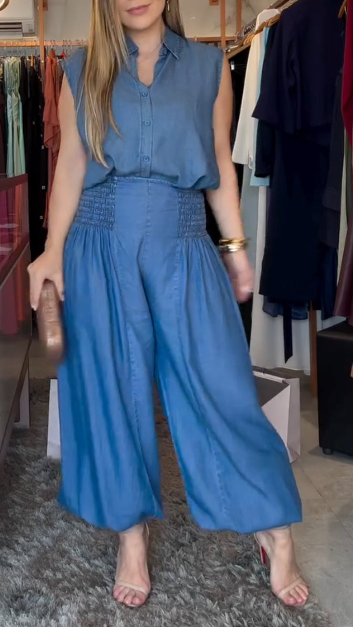Sleeveless Collared Shirt And Harem Pants Suit