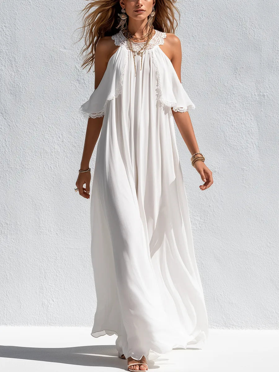 Bohemian White Lace Trimmed Flowing Maxi Dress