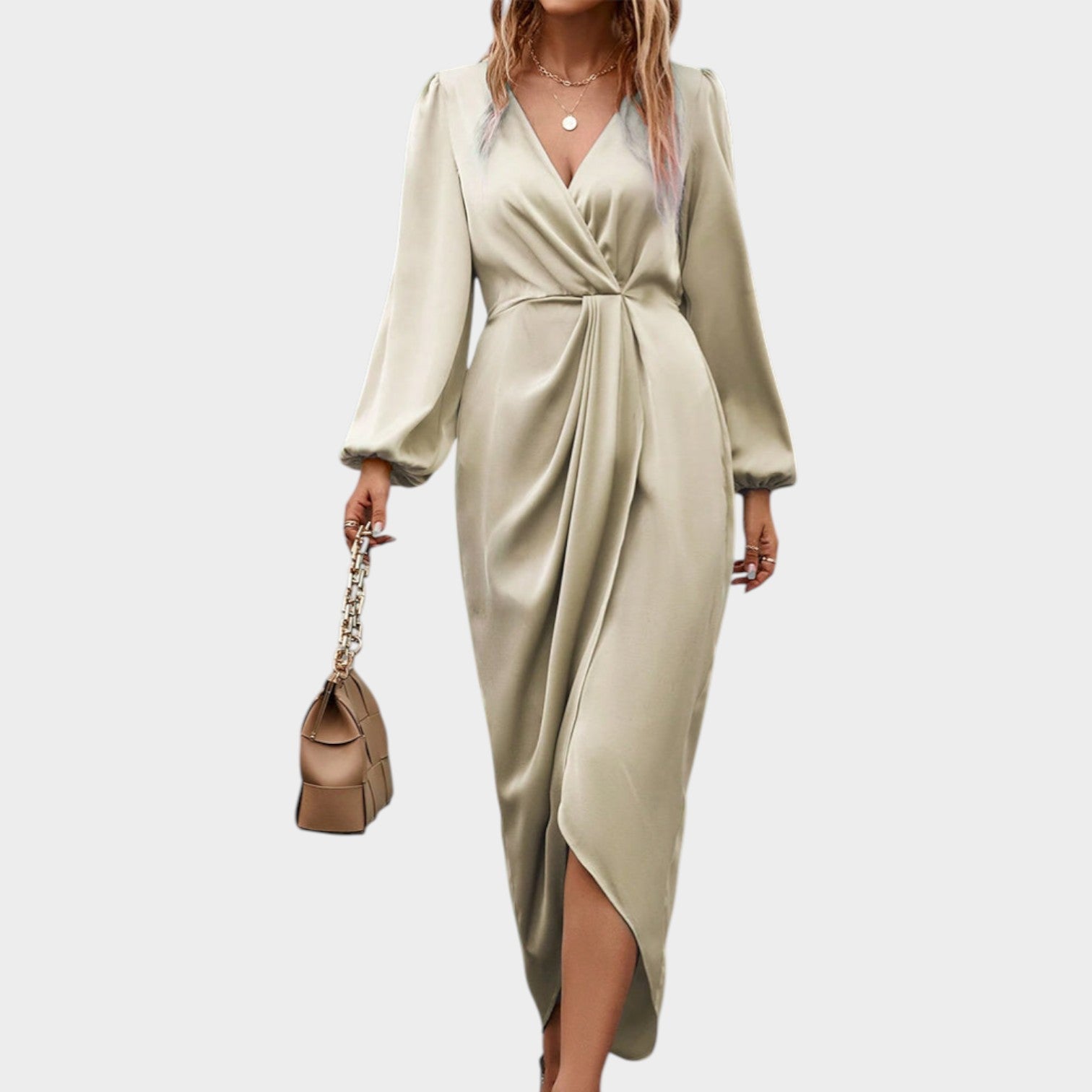Long Sleeve Satin Wrap Dress