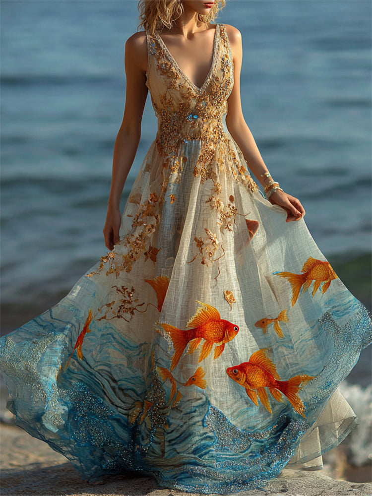 Vintage Aquarium Aesthetic Golden Fish Flowy Maxi Dress