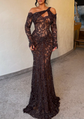 Dark Brown Beaded Lace One-Shoulder Maxi Dress with Cutout & Ruched Waist