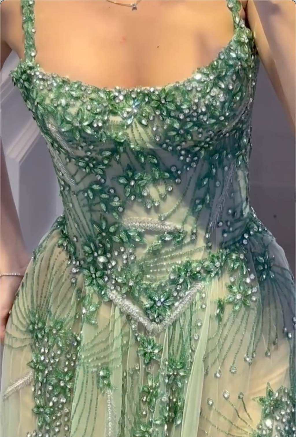 Green/Lavender Rhinestone Square Neck Maxi Dress with Sheer Mesh & High Slit