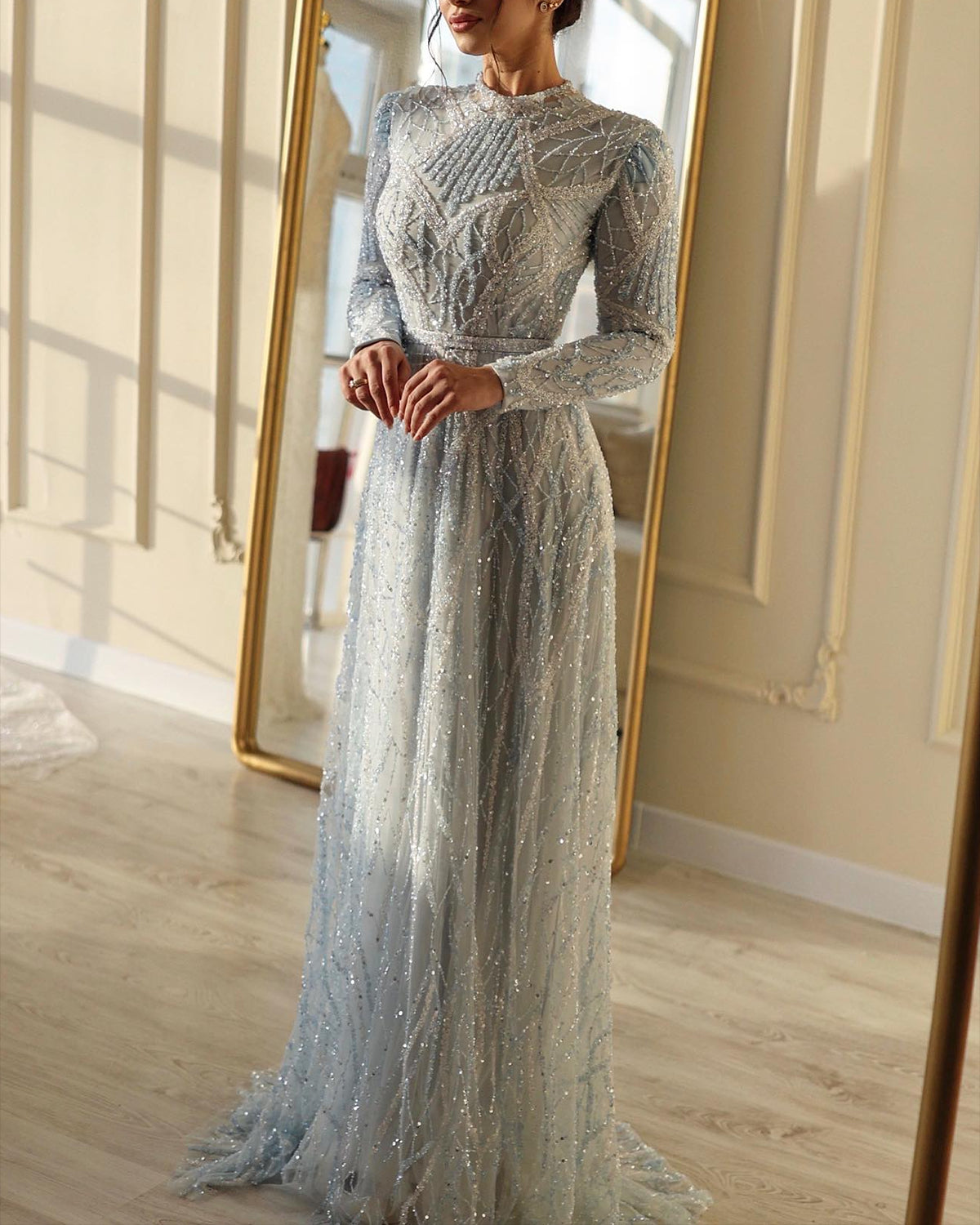Women' Round Neck Long Sleeve Mesh Sequin Dress