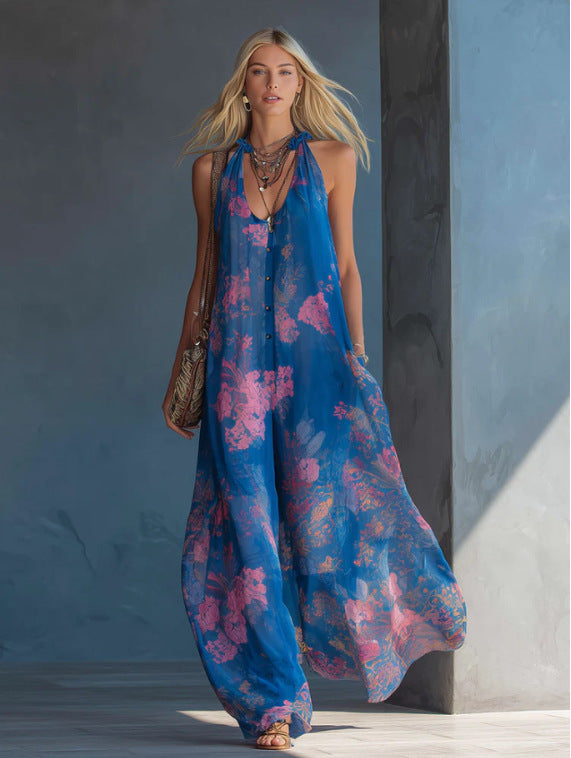 Floral Print Halter Chiffon Maxi Dress
