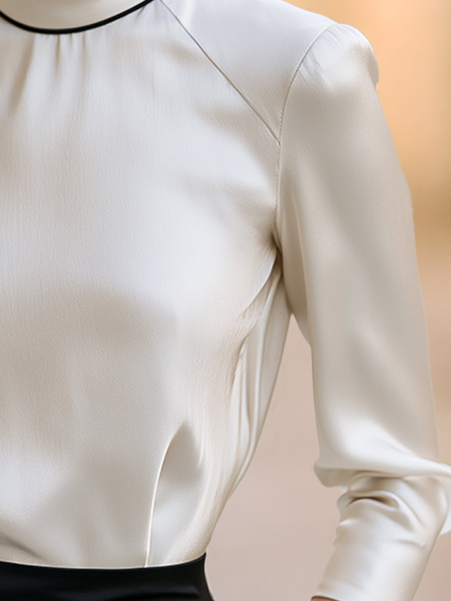 Contrast Piped Mock Neck Satin Blouse