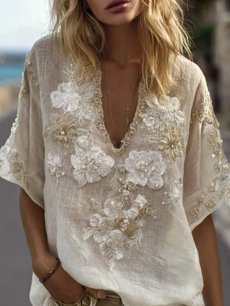Bohemian Style Flower V-neck Vintage White Linen Short-sleeved Shirt
