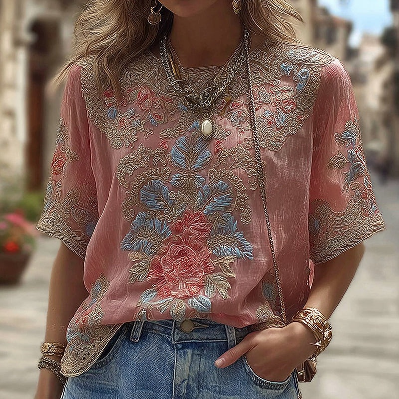 Women's Rose Floral Embroidered Casual Round-neck T-shirt