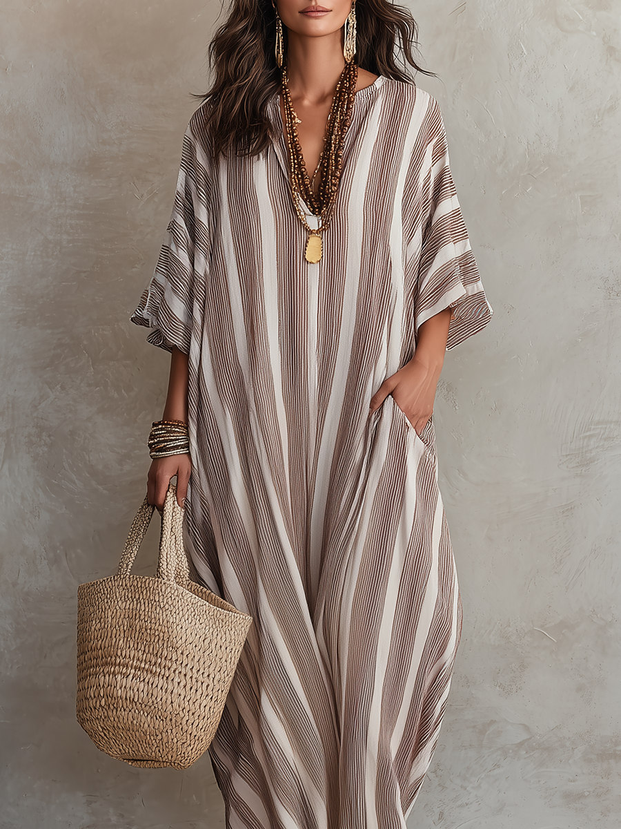 Neutral Striped Kaftan  – Effortless Bohemian Resort Style Maxi Dress