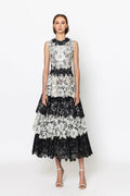 Sleeveless guipure dress with tiered skirt