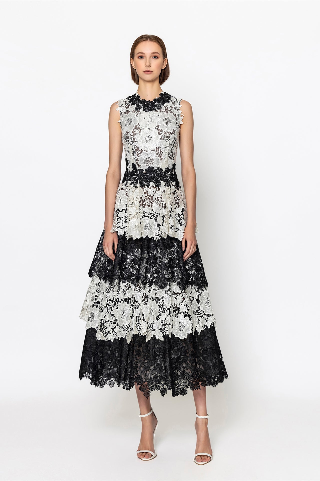 Sleeveless guipure dress with tiered skirt