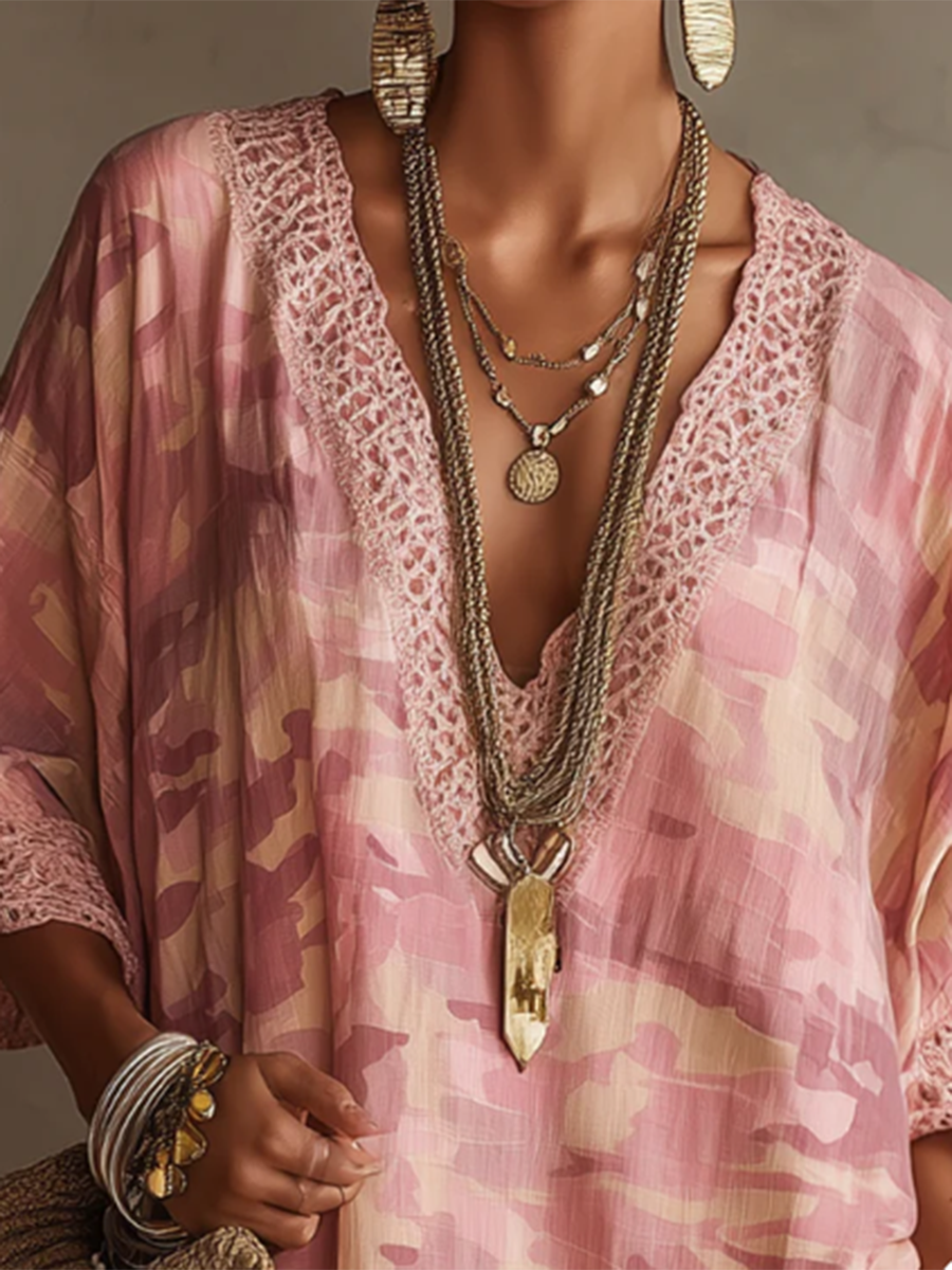 Casual Lace-trimmed Collar Leopard Print Loose-fit Tunic Shirt