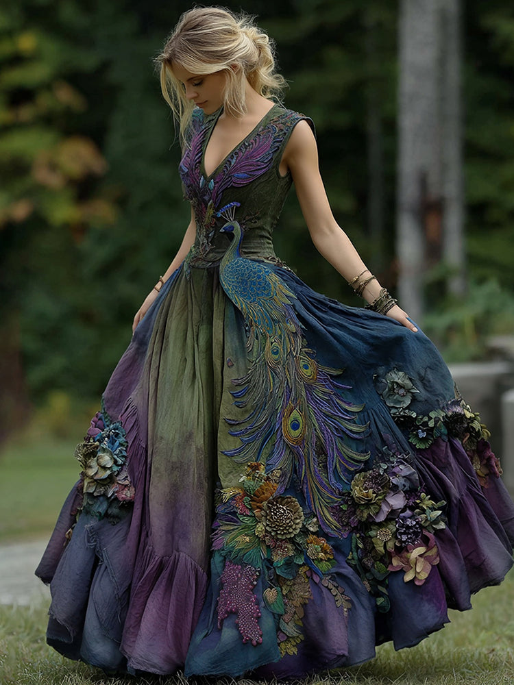 Vintage Classy Gradient Purple Peacock And Floral Embroidered  Sleeveless V Neck Maxi Dress