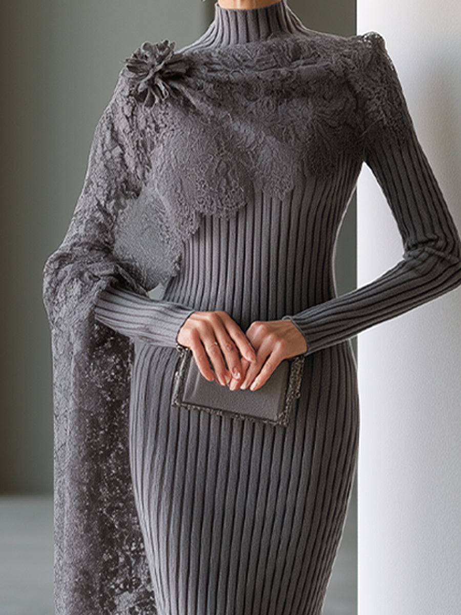 Lace-Draped Ribbed Knit Maxi Dress