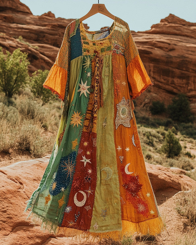 Summer vacation loose patchwork cotton and linen dress d20f