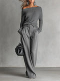 Minimal Elegant One Shoulder Knit Co-Ord Pants Set