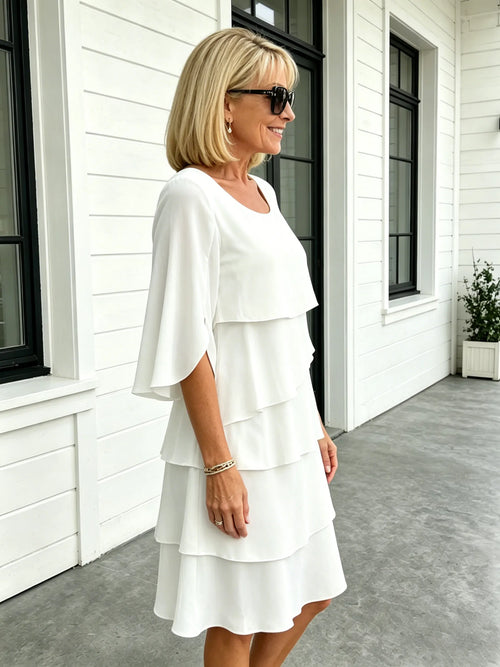 Fashion Solid Color Round Neck Cake Skirt Splicing Dress Women's Clothing