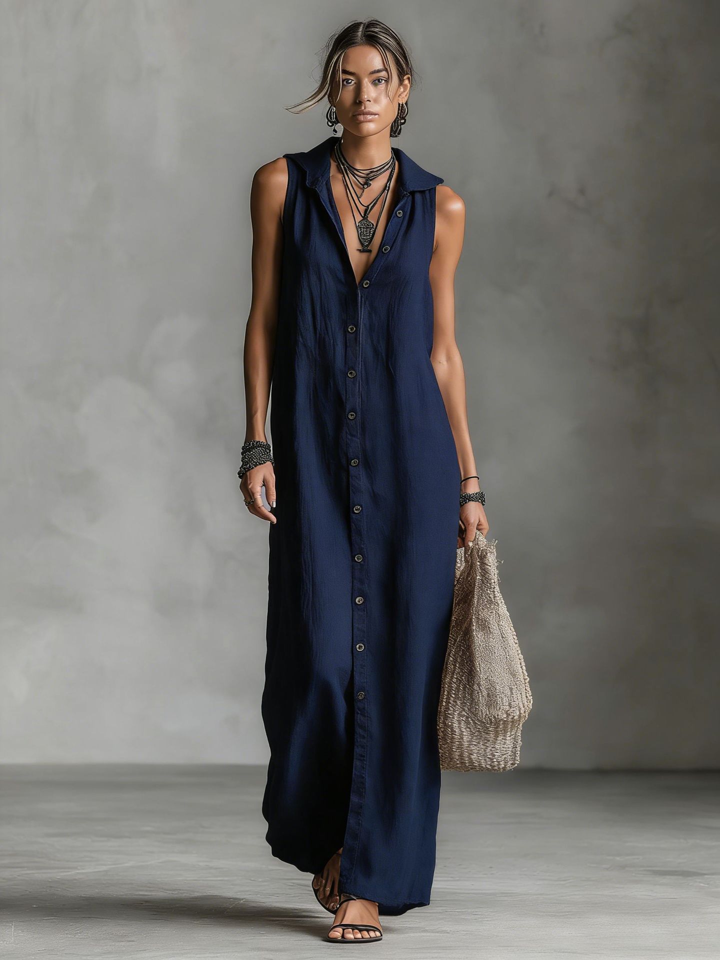 Bohemian Hooded Maxi Shirt Dress - Sleeveless High-Slit Button-Down Summer Vacation Long Dress
