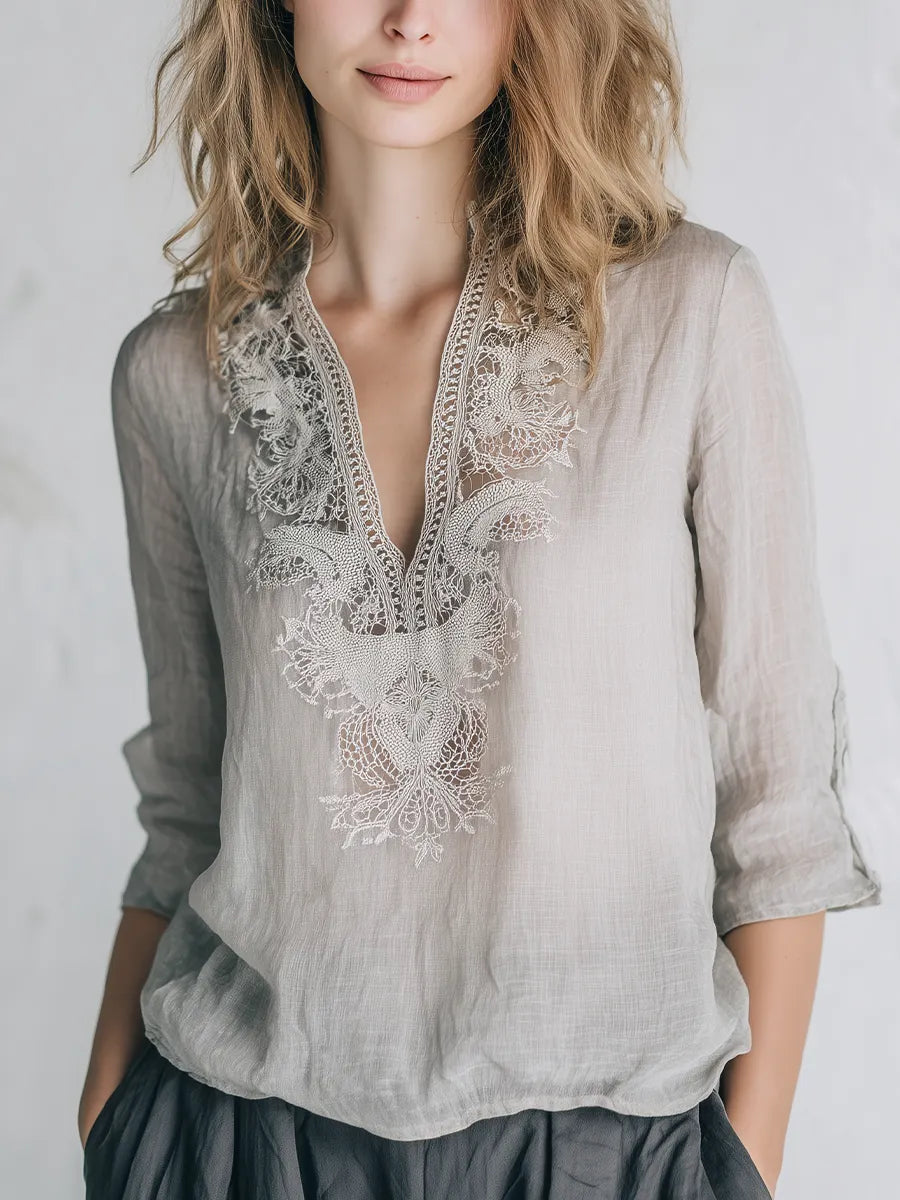 Elegant Light Gray Lace Linen Shirt